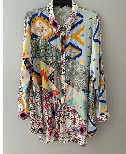 Calessa Top Size 1X Multicolor Aztec Button Front Southwestern Abstract Roll Tab Blue