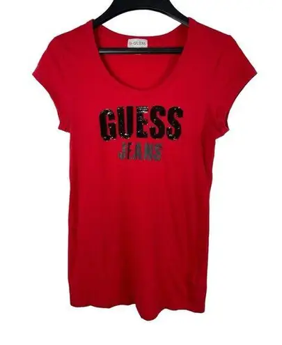 Guess VTG 90s 2000s Y2K Red Cap Sleeve  Embellished Beaded Logo Tee Top S