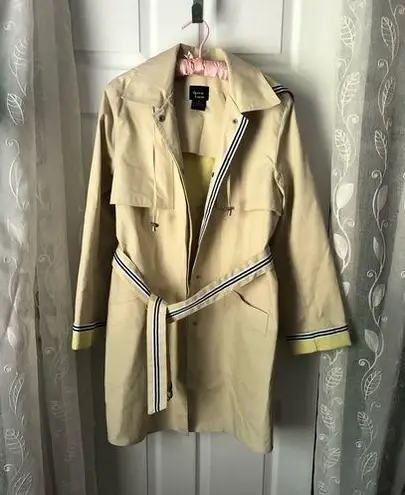 Dennis Basso Classic Natural Trench with Striped Belt hooded buttons cotton sz M