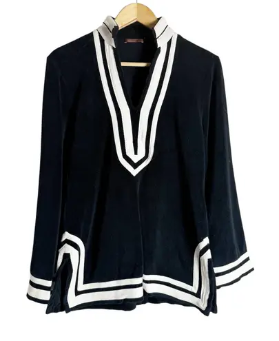 525 America Black White Trim Long Sleeve Split Neck Tunic Sweater Size M