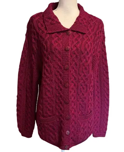 Aran Crafts Size L 100% Merino Wool Fisherman Cardigan Sweater Wine Ireland Purple Size L