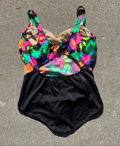 Vintage 90s Pacific Connections neon tropical hibiscus one piece swimsuit Black Size L