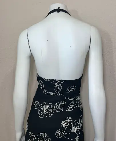 Evan Picone Black Halter Embroidered Floral Hawaiian Dress