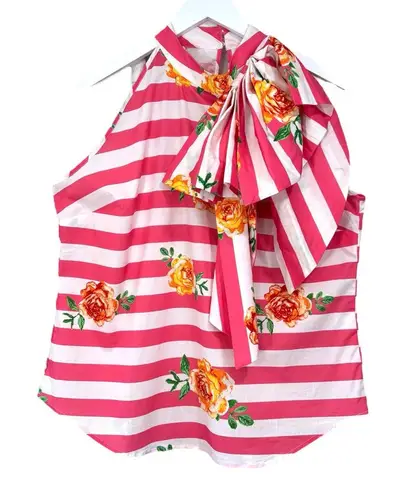 NY&C Pink White Striped Tank Top Attached Neck Tie Bow Womens Size XL NWT
