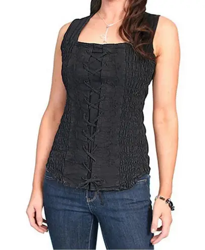 Scully Western Corset Top Black Ruched Tank Top Lace Up Size Medium Vintage