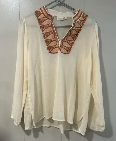 Spartina 449 Cream Boho Embroidered Tunic Top Size M ā Linen Blend Resort Blouse