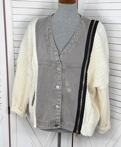 Porter Collective Denim Knit Bomber Sweater Jacket Taupe Cream Small Gray