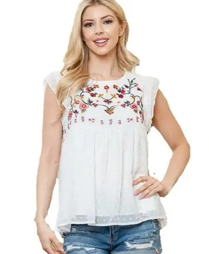 NEW Ivory Swiss Dot Sheer Overlay Ruffle Sleeveless Top with Embroidered Flowers Size M