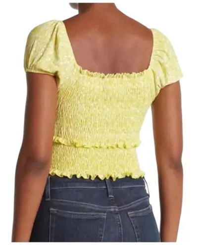 Lush Clothing New Lush Womens Size Large Cropped Top Smocked Cap Puff Sleeve White Blue Swirl