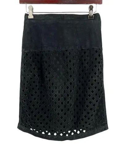 Melanzana Skirt Black Suede Laser Cut Design Soft Leather USA Made Size 6