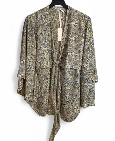 KARMA HIGHWAY Green & Blue Floral Medallion Silky Kimono w/ Tie Duster Sz OS NWT Multiple