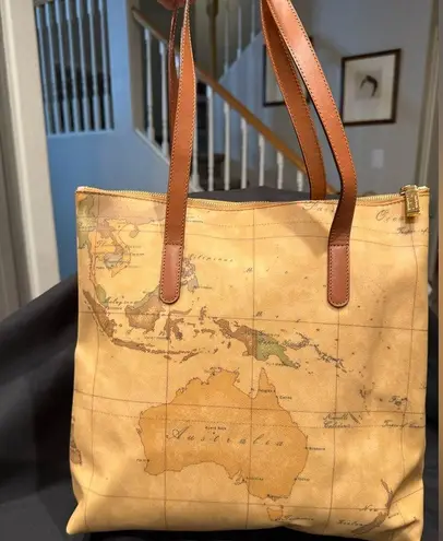 Alviero Martini 1ª Classe Vintage Geo Classic Tote/Shoulder Bag Map Print Tan