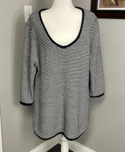 Soft Surroundings Tunic Sweater V Neck Stripe Navy Blue Size 1X Plus Cotton