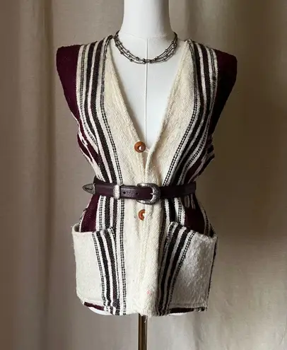 Vintage Handwoven Llama Pattern Wool Boho Striped Button Vest Pockets L/XL Red