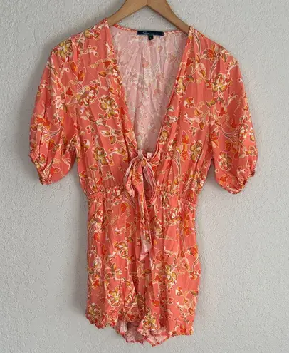 Shore Playsuit Romper Orange Floral Deep V Pockets Short Sleeve Vacation Cruise