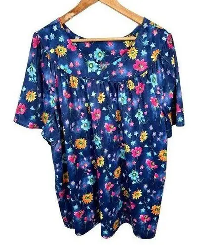 Lounge Vintage Womens 1X Top MuuMuu Shirt Short Sleeve Hawaiian Floral Blue