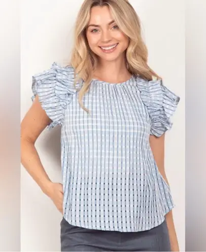 Very J NWT Ruffle Sleeve Plaid Top Sz S Blue/White