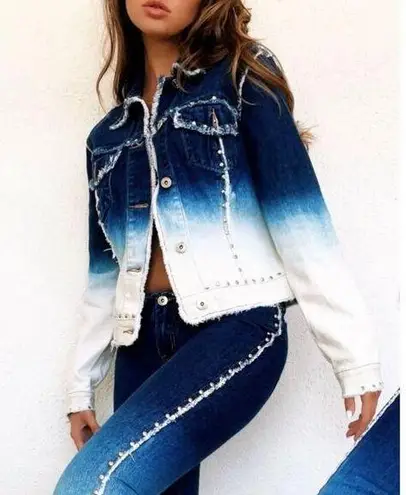 vintage 90s y2k zana di ombre jean denim jacket embellished rhinestone studs L Size L