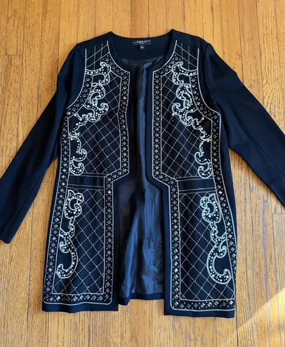 Andrew Yu Jacket Womens Large Black Embellished Embroidered Open Front Longline