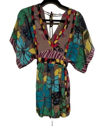 Rebecca Taylor  SILK BOHO FLORAL BUTTERFLY MULTI COLORFUL PRINT KIMONO VNECK TOP