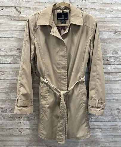 London Fog Vintage Women's XL Tan Mid Trench Coat w/ Belt Pink Silky Lined Print