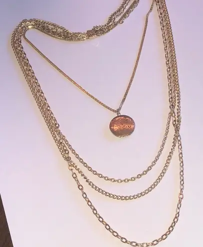 Elegant Vintage Gold Tone Layered Chain With Locket Pendant Necklace