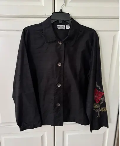 Chicos Design Black Silk Embroidered Floral Button Front Shirt Jacket Top Size 1
