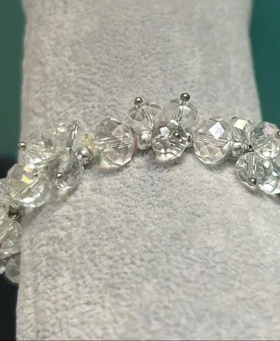 Chunky Statement Aurora Borealis Faceted Glass Crystal Bead Stretch Bracelet Silver