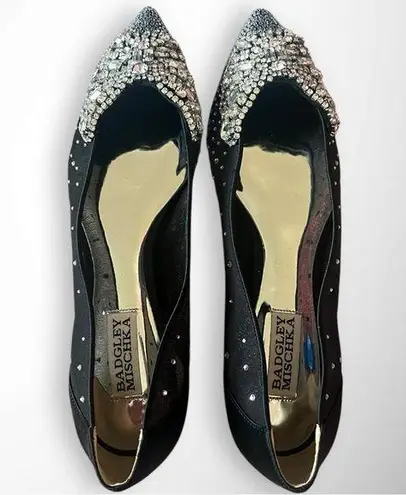 Badgley Mischka Women's Quinn Black Satin Embellished Flats 7.5 | EUC