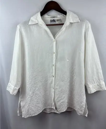 Women’s Edward XL Irish Linen Shell Button Up White Floral Embroidery 3 Quarter
