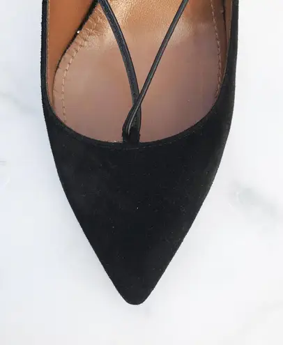 Aquazzura Fellini women’s leather-trimmed black suede pointed-toe pumps IT 37