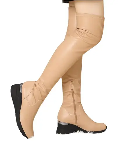 Allegra K NEW Over The Knee Boots Womens 8 Tan Wedge Chunky Heel Thigh High