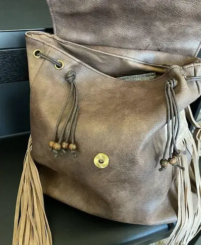 BOHEMIAN FAUX LEATHER & TASSELS BEADED BACKPACK Brown