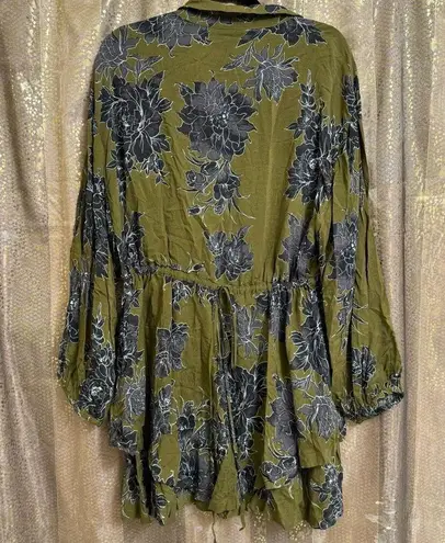 Free People  Shake It Olive Green Black Floral Long Sleeve Mini Dress Large