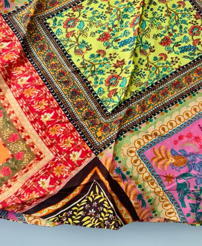 Farm Rio Mixed Scarves Satin Slip Midi Skirt, Size XS