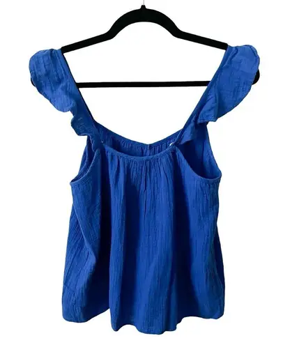 Mango NWT  Ruffled Sleeveless Cotton Gauze Cobalt Blue Top Sz S