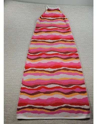 LOFT Crochet Halter Maxi Dress Womens M Pink Wavy Textured Tight Closed Knit Size M