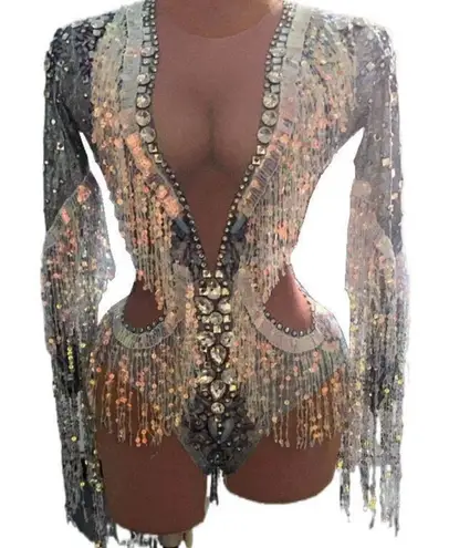 Glamorous Sequin Bodysuit with Fringe Silver