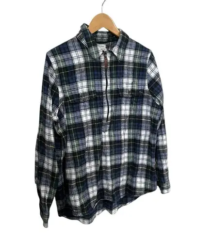 LL Bean Plaid Flannel Polo Collar Popover Quarterzip Long Sleeve Size Large Top Blue