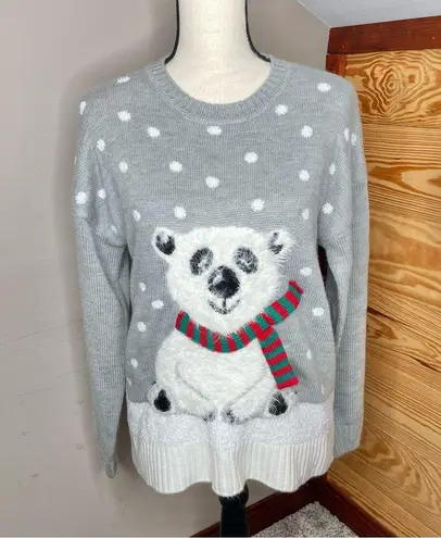 Holiday Time Grey White Polka Dot Polar Bear Snow Christmas Ugly Sweater Medium