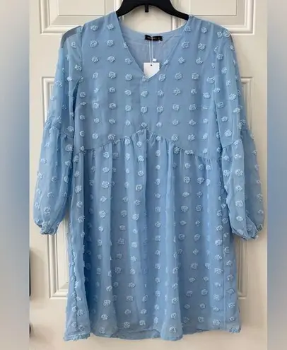 NWT Miholl Size S Light Blue Sheer Babydoll Dress with Pom Pom Details V