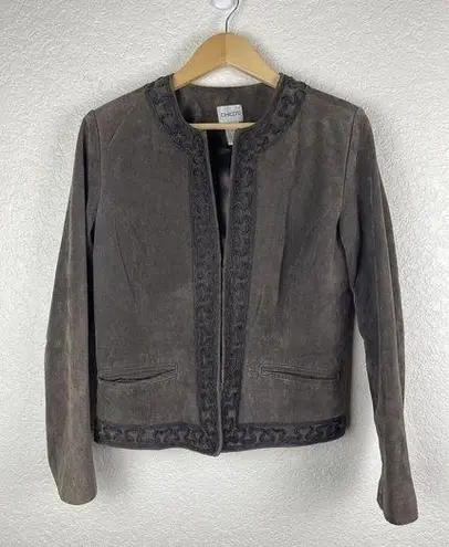 Chico's  Suede Leather Jacket Womens Size 1 US Size 8 Meduim Brown Piping