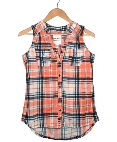 New York Laundry Womens Size Small Sleeveless Plaid Henley Top Orange
