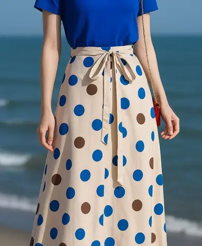 Chic Blue Tee and Polka Dot Wrap Skirt Set Vintage Style Adjustable Waist S new Blue