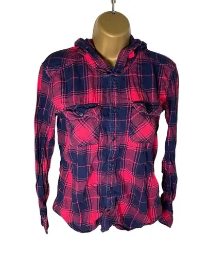 Aritzia TNA Hooded Plaid Boyfriend Fit Button Down Long Sleeve Red Navy XS Blue