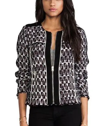 IRO Kamber Red Tweed Knit Zipper Leather Trim Moto Jacket Size 40 Career Office