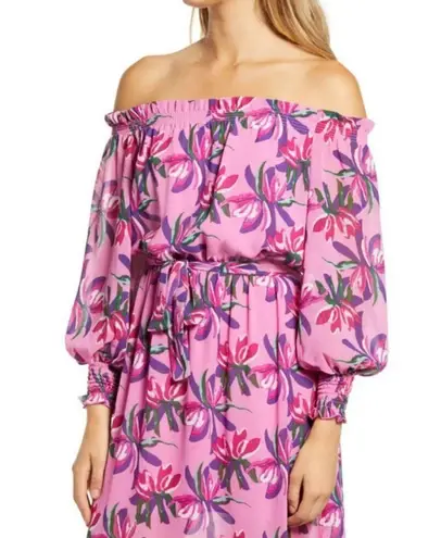 WAYF 💕💕 Off Shoulder Shoulder Maxi Dress ~ Pink Birds of Paradise XS (*No Belt)