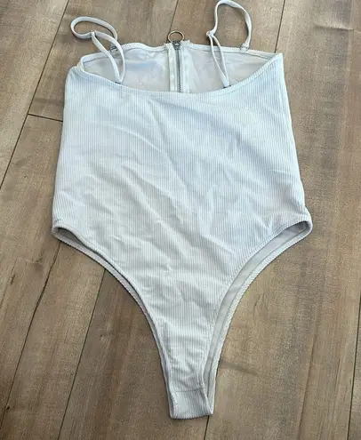 frankie's bikinis  Flash White Zip Up Ribbed One Piece Swim Suit Sz M