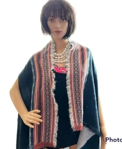 Marc New York Blue Long Line Aztec Blanket Open Front Sweater Fringe Shaw