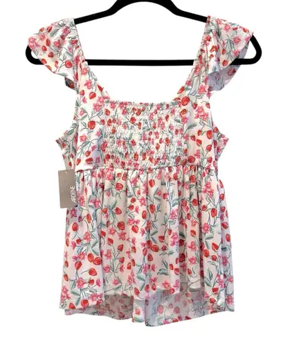 Ardene Strawberry Floral Babydoll Tank Keyhole Tie Front Ruffles White Red XS
